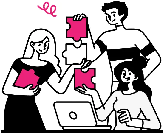 A Creatives.Hu ügyfélközpontú csapatát és együttműködését jelképező modern flat design illusztráció.