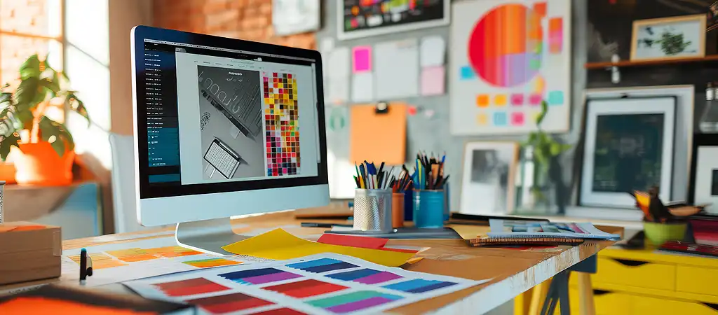 Grafikai tervezés online és offline, a monitoron a grafikus program látható, az asztalon színskála, vázlatok és jegyzetek.