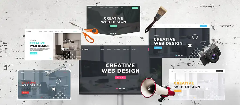 Különböző webdesign koncepciók fizikai tárgyakkal, amik a grafikai tervezést szimbolizálják, mint az olló és az ecset.