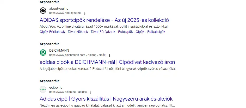 Google keresési kampány eredményei a keresőben, amelyek növelik a termék vagy szolgáltatás láthatóságát.