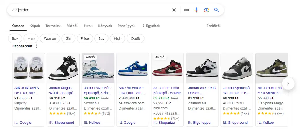 Google Shopping hirdetések, amelyek termékinformációkat és termék képeket jelenítenek meg célzott vásárlók számára.
