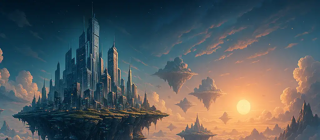 Sci-fi város lebegő szigetekkel az égen, AI képgenerátor által alkotott részletes fantázia jelenet.