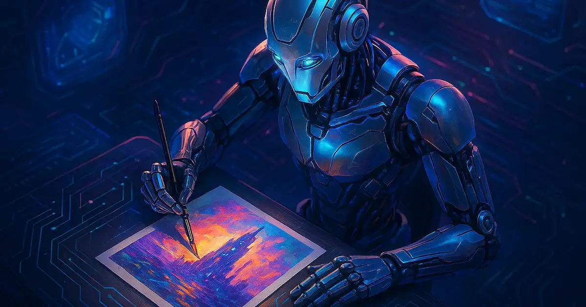 AI képgenerátor által inspirált futurisztikus robot, amint festményt készít egy asztalon, cyberpunk stílusban, felülnézeti nézetből.