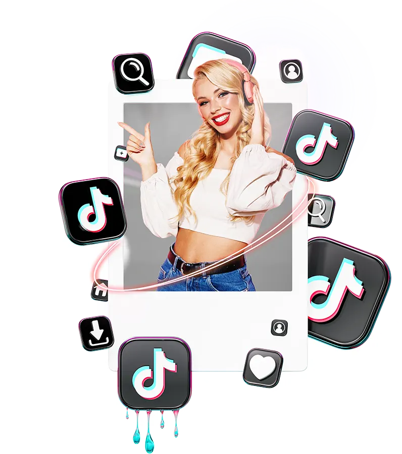 Fiatal szőke lány influencerként megjelenítve fehér keretben, a keret körül TikTok logó és egyéb social mediára jellemző pictogram.