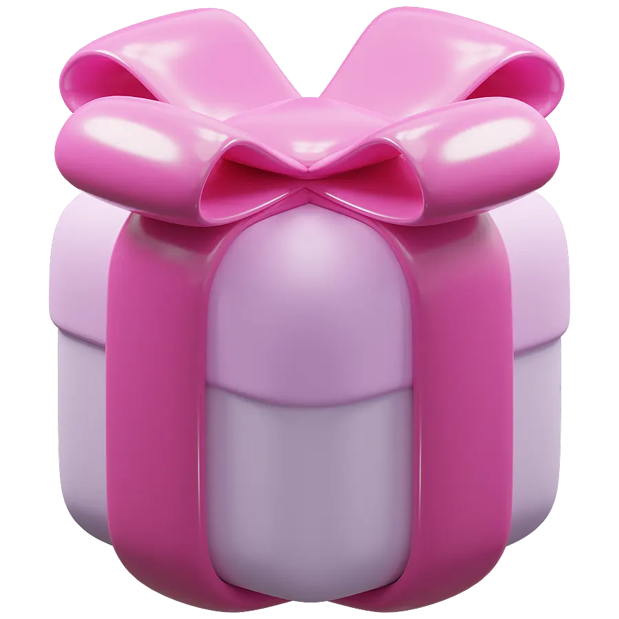 Fehér ajándék csomag rózsaszín szalaggal átkötve, amiből rózsaszín lufik és konfetti száll fel.