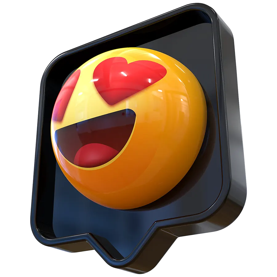 Social media emoji, fekete háttérrel, sárga nevető arc, piros szív alakú szemekkel.