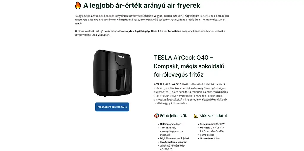 Airfryermester.hu termékajánló oldal, Tesla AirCook Q40 air fryer bemutatása ár-érték arány alapján.