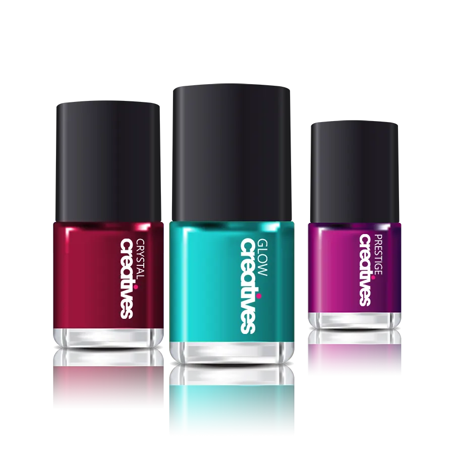 Műkörmös weboldal csomagok, háromféle kreatív körömlakk dizájnnal ábrázolva (Crystal, Glow, Prestige)