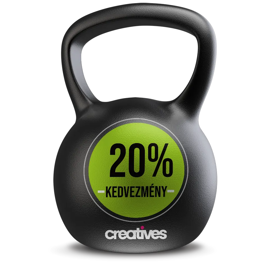 Személyi edző weboldal csomagok 20% kedvezménnyel, fekete kettlebell zöld akciós matricával.