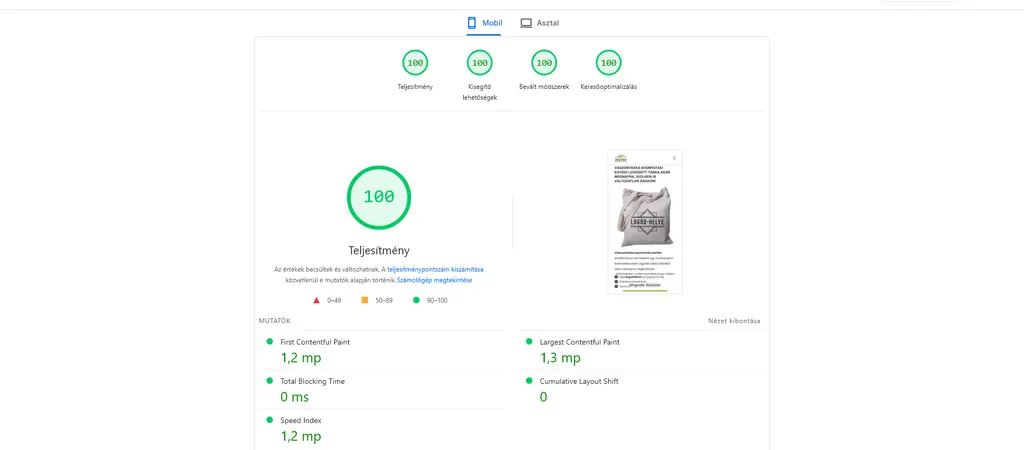 Core Web Vitals teljesítménymutatók egy egyoldalas weboldalon mobil eszközön