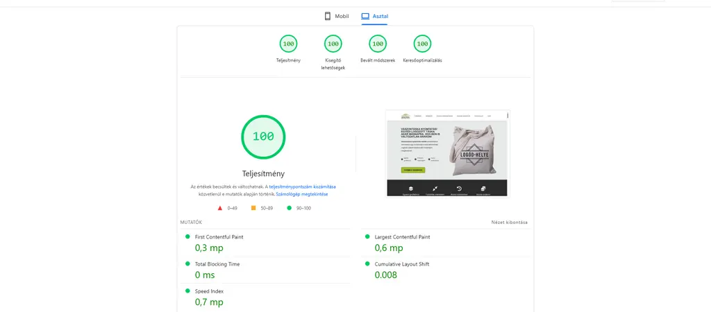 Core Web Vitals teljesítménymutatók egy egyoldalas weboldal értékei asztali eszközön