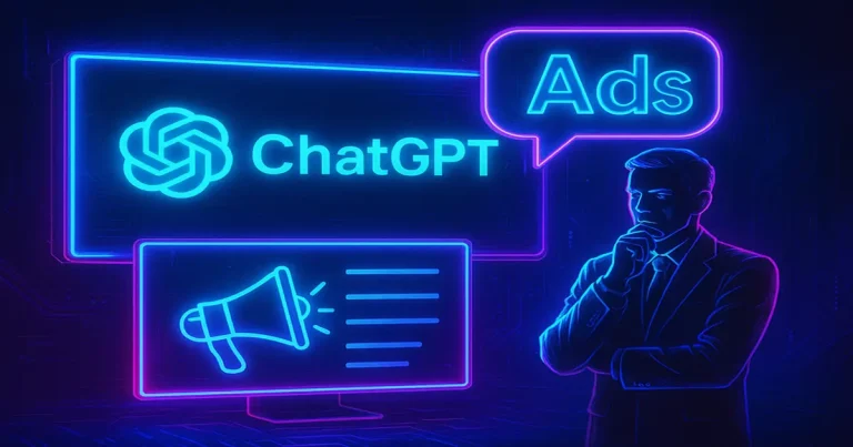 Futurisztikus cyberpunk stílusú illusztráció, amely a ChatGPT és a mesterséges intelligencia jövőbeli hirdetési világát ábrázolja neonfényes digitális környezetben, ember és AI közötti interakcióval