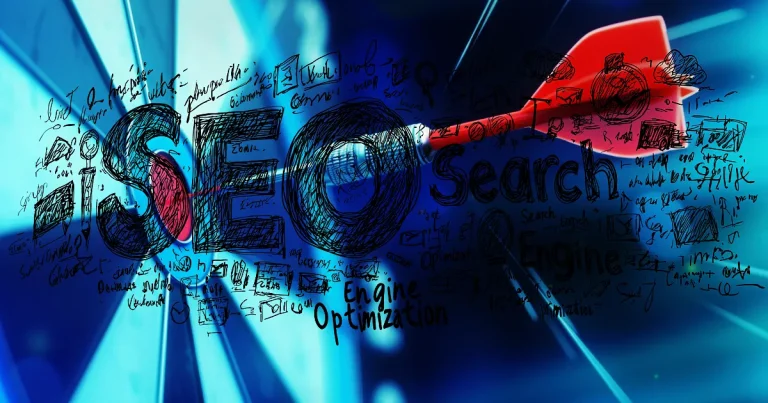 Keresőoptimalizálás és SEO szemléltetése piros nyíllal és a Search Engine Optimization felirattal, a digitális marketing és Google keresőoptimalizálás világát jelképezve, Search Everywhere Optimization